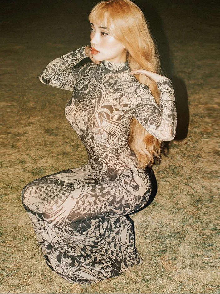 Mesh Print Bodycon Maxi Dress | O-Neck Full Sleeve Slim High Street Y2K Dress Luxegan