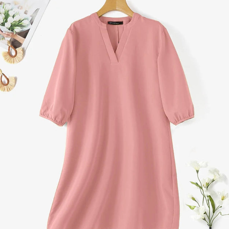 V-Neck Puff Sleeve A-Line Midi Dress | Elegant Solid Work & Casual Autumn Dress Luxegan