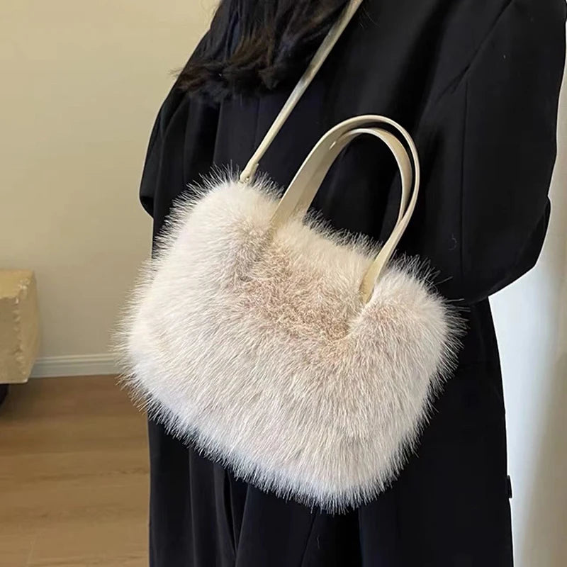 Faux Fur Tote Bag Women's | Bucket Plush Luxury Design Ladies Handbags & Soft Winter Crossbody Shoulder Bags (Bolsa Feminina) Luxegan