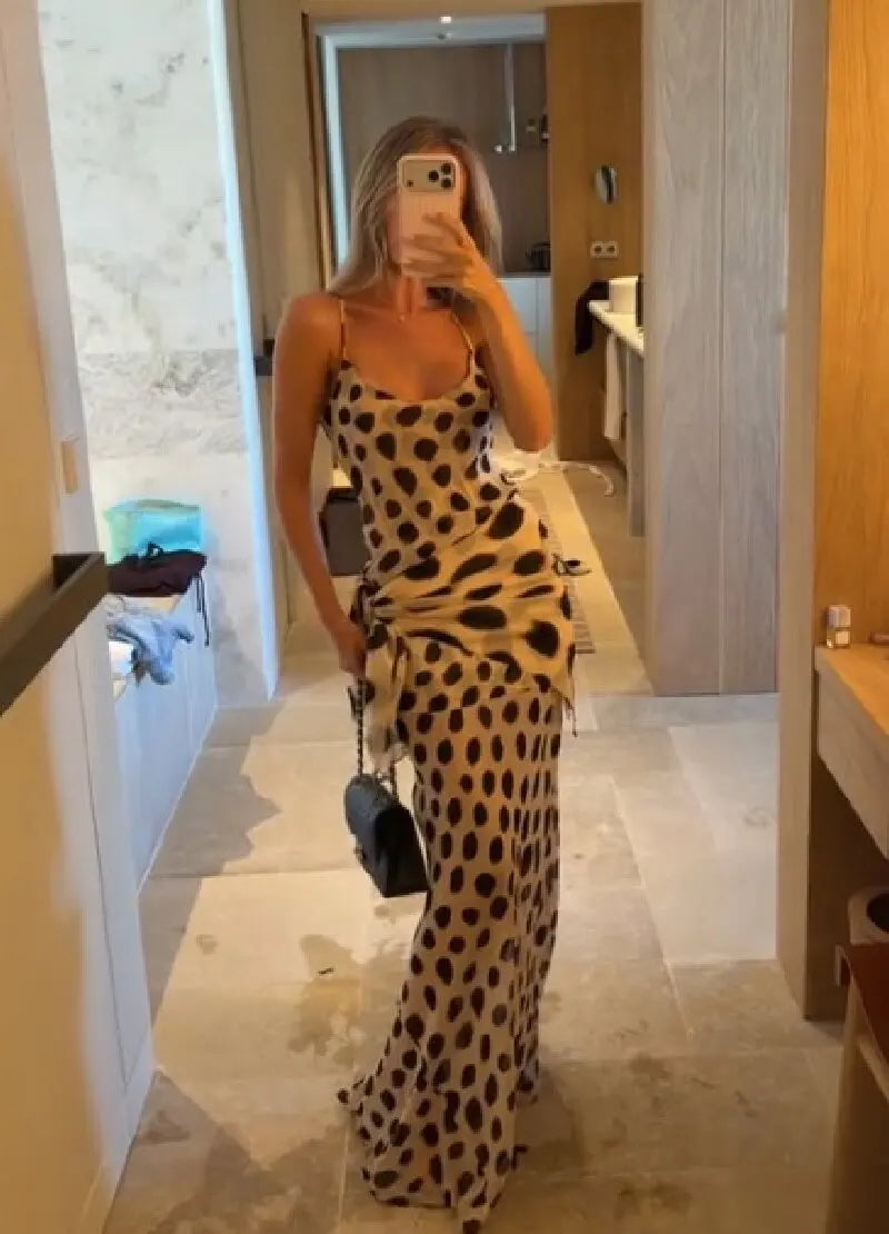 Animal Print Maxi Dress | Deep V-Neck Spaghetti Strap Waist Tie Slit Evening Dress Luxegan