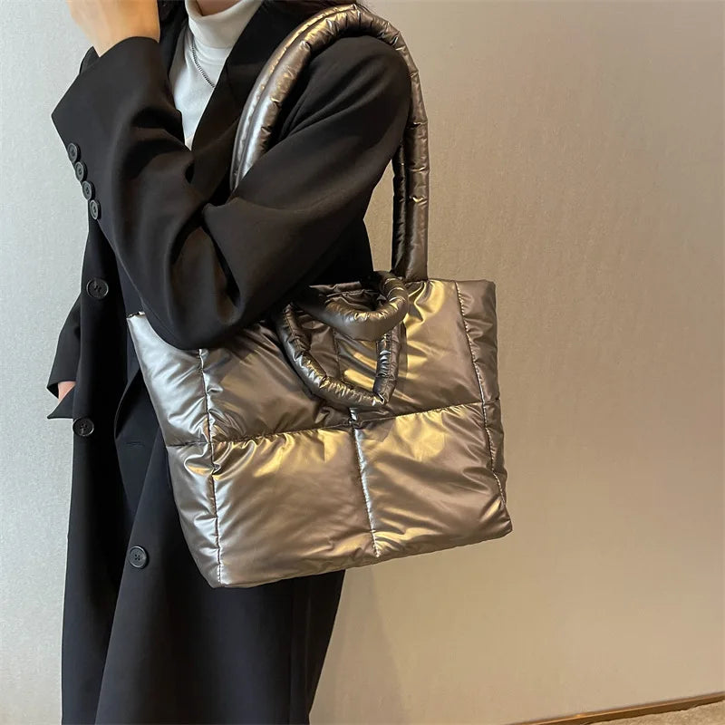 Designer Puffy Shoulder Bag Women Quilted Space Down Feather Padded Cotton Handbag | Winter Large Capacity Warm Shopping Purse Luxegan
