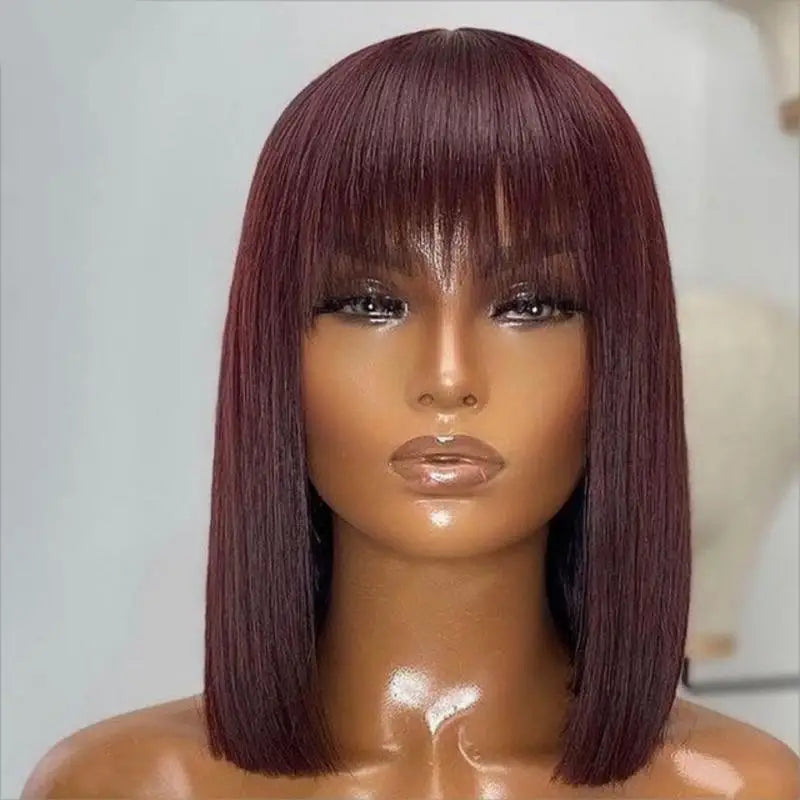 Sleek Bone Straight Short Bob Human Hair Wig with Bangs | Glueless Full Machine-Made Brazilian Remy Human Hair Wig | Classic Fringe Bob for Women (8-14 Inch, Natural Color / #99J Burgundy / Warm Brown) Luxegan