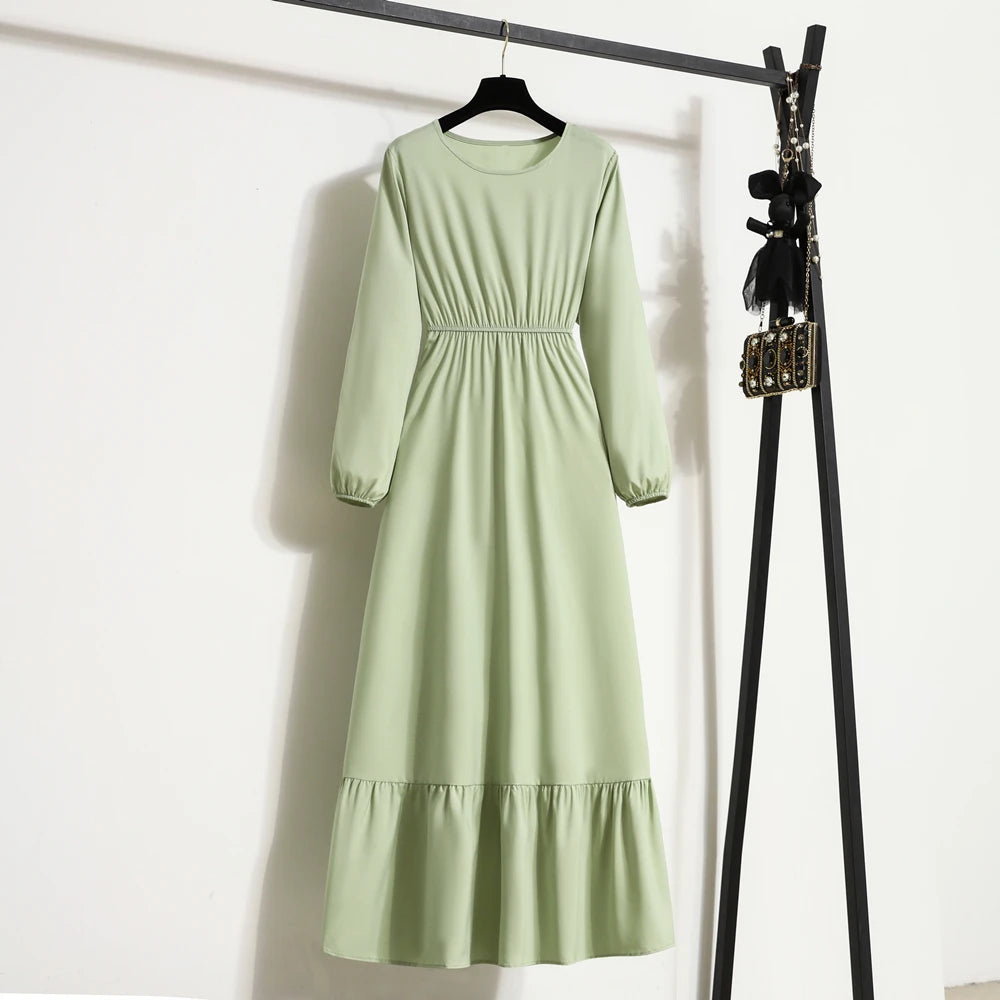 Women's Solid Chiffon Muslim Maxi Dress | Long-Sleeve Casual Loose Fit A-Line Dress | Full-Sleeve O-Neck Spring Autumn Ankle-Length Robe Luxegan
