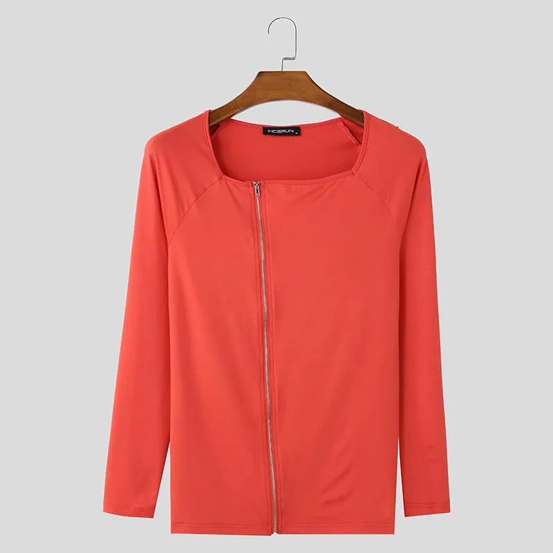 Square Neck Knitted Zipper T-Shirt | Sophisticated Long-Sleeved Camiseta Silhouette | Elegant "Zipper Detail" Spring and Summer Top | "Dignified" Solid Broadcloth Tee for Radiant Versatile Styling Luxegan