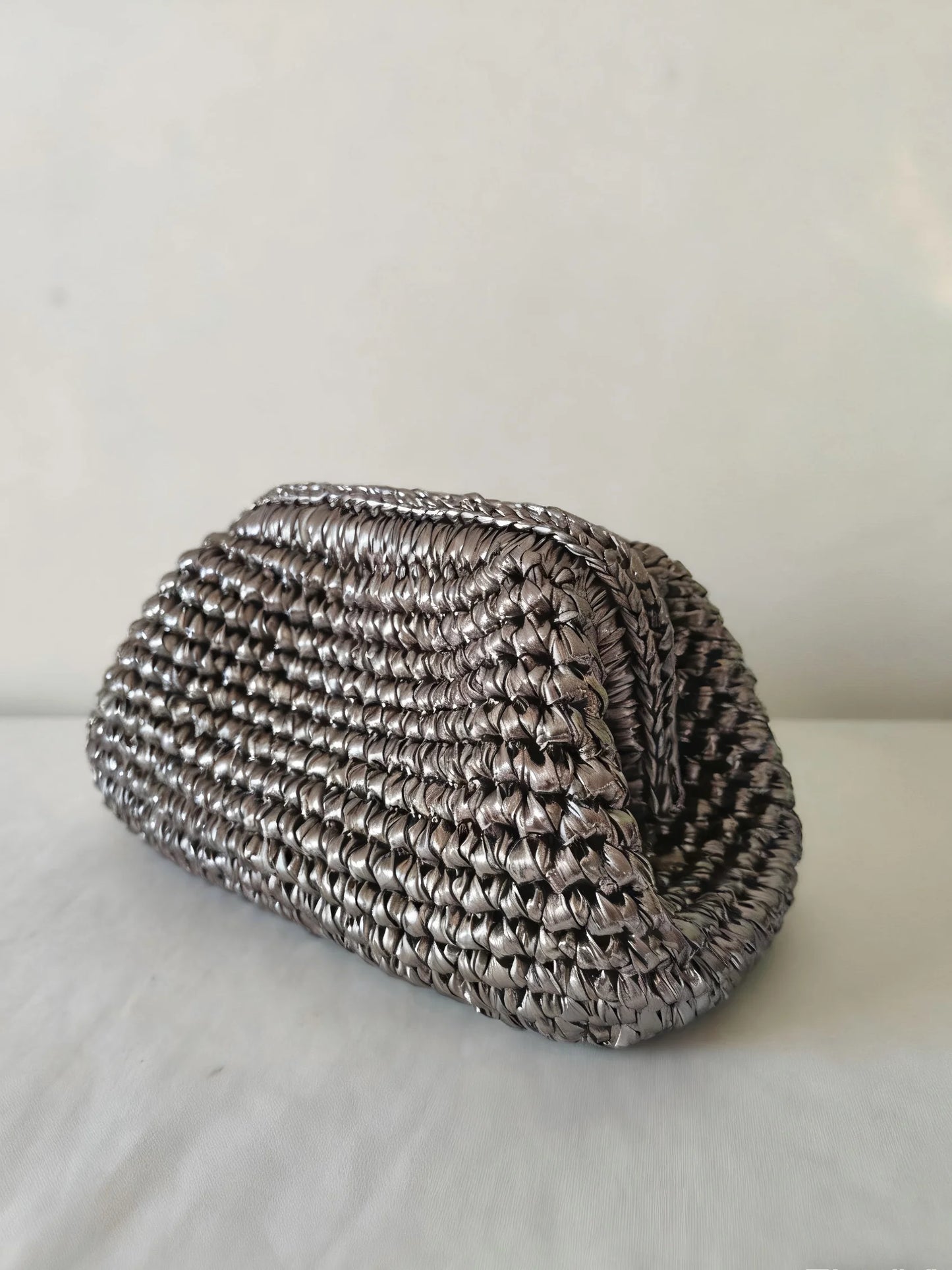 Metallic Lustre Crochet Underarm Bag | Sophisticated Cloth-Strip Woven Clutch | Elegant Large-Capacity Knit Tote | "Dignified" Soft Polyester Handbag for Versatile Everyday Chic Luxegan