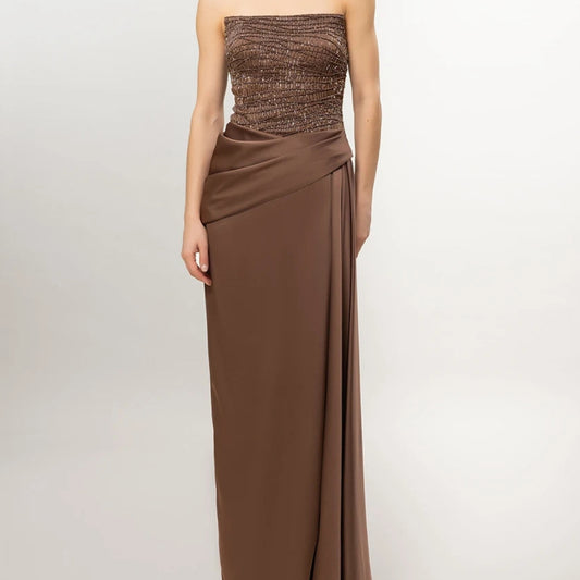 Sequined Side-Split Straight Evening Dress | Strapless Sleeveless Floor-Length Gown Luxegan
