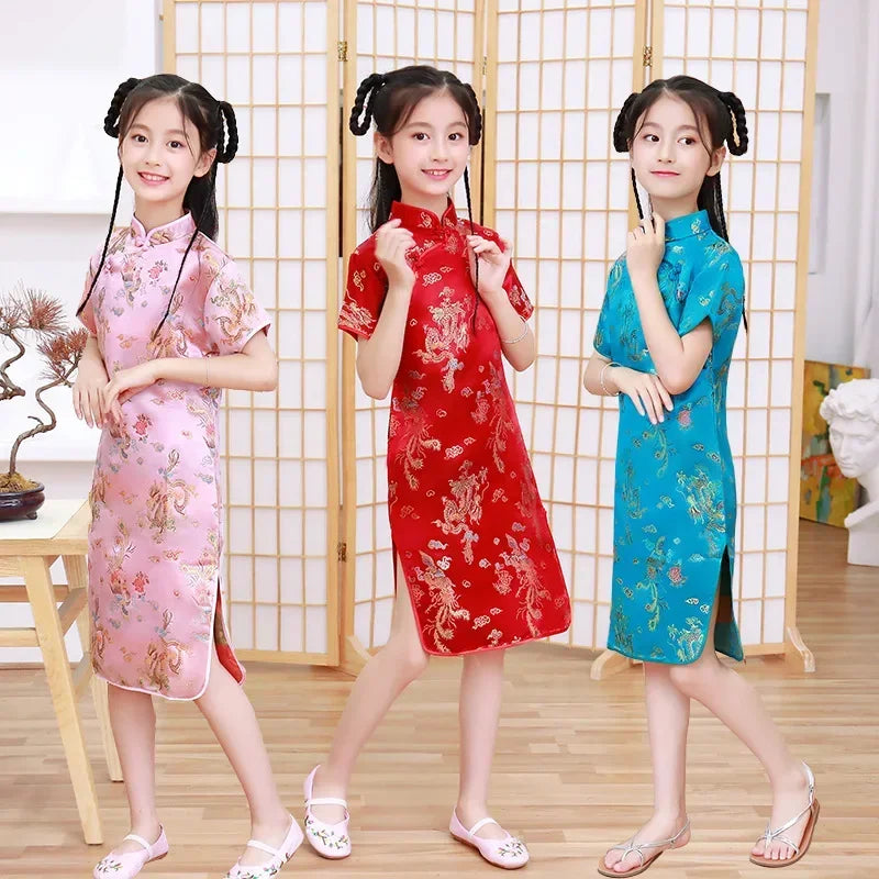 Girls' Modern Cheongsam Chinese Style Dress | Summer Kids Casual Flower Print Clothes | Short-Sleeve Turtleneck Knee-Length Straight Dress Luxegan