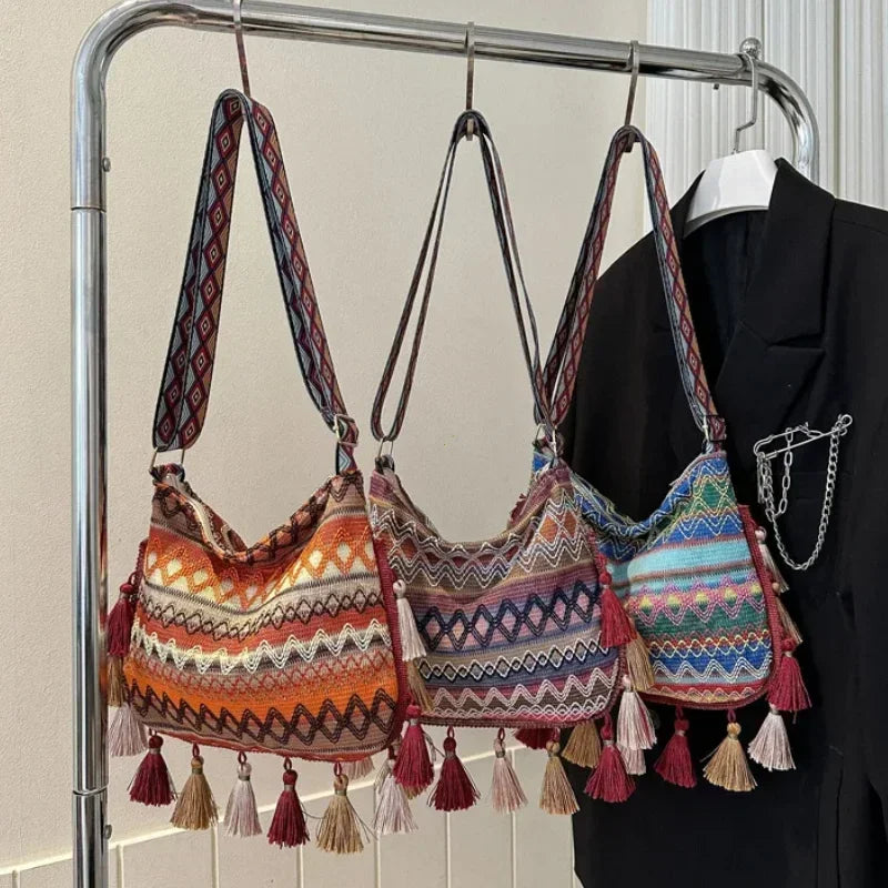 Vintage Tassel Ethnic Crossbody | Sophisticated Handwoven-Look Shoulder Bag | Elegant "National" Style Hippie Sling | "Dignified" Soft Square Handbag for Versatile Bohemian Flair Luxegan