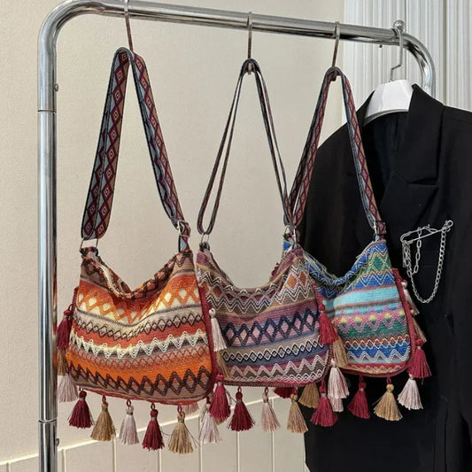 Vintage Tassel Ethnic Crossbody | Sophisticated Handwoven-Look Shoulder Bag | Elegant "National" Style Hippie Sling | "Dignified" Soft Square Handbag for Versatile Bohemian Flair Luxegan