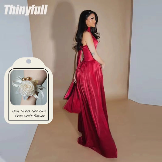 Thinyfull Vestido de Noche Largo Árabe Línea A Halter sin Mangas Satén Brillante Fiesta de Noche Vestidos de Dubái Robe De Soirée Personalizado