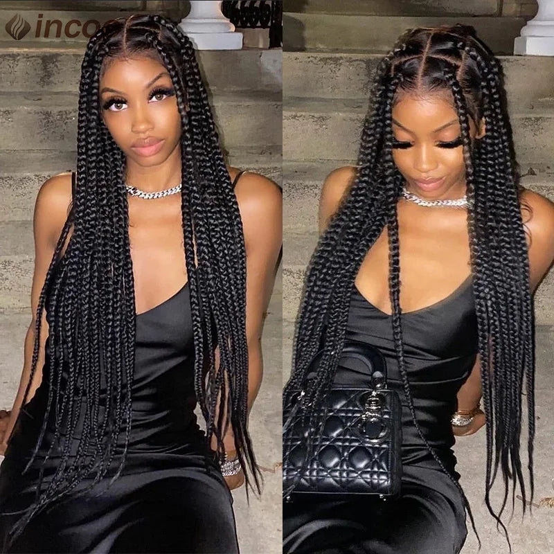 Synthetic Large Box Braided Wigs Jumbo Knotless Full Lace Front Wigs For Black Women Jumbo Tribal Braids Faux Locs Cornrows Wig Luxegan