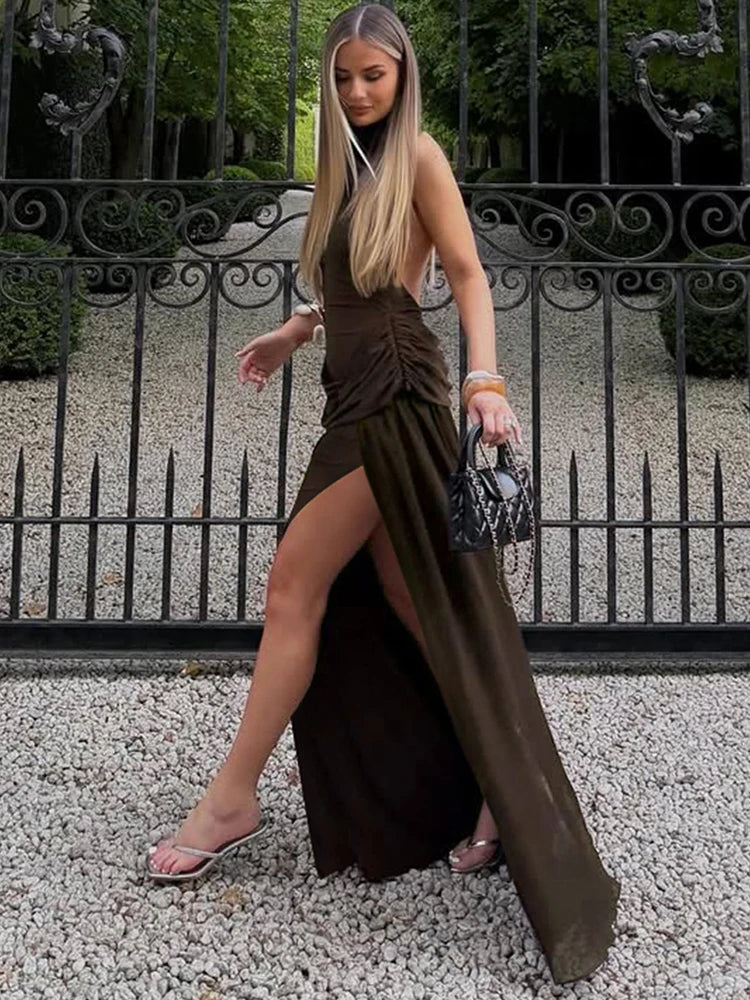 Nibber Backless Maxi Dress Women Halter Sleeveless High Side Slit Long Tassel Folds Solid High Elasticity Prom Party Vestidos