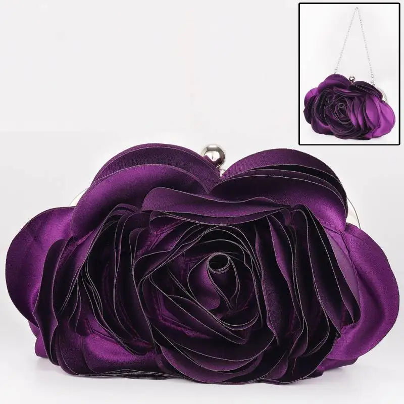 Luxury Flower Bride Evening Clutch Purse | Embroidered Ruched Floral Party Handbag | Premium Satin-Lined Wedding Wallet | Elegant Minaudiere Chain Shoulder Bag Model EB034 Luxegan