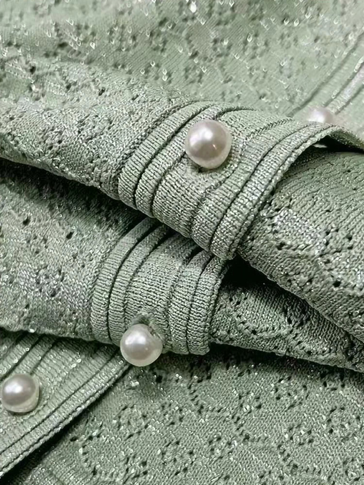 O-Neck Pearl Button Knit Midi Dress | Short Sleeve Slim Elegant Office Lady Spring Summer Dress Luxegan