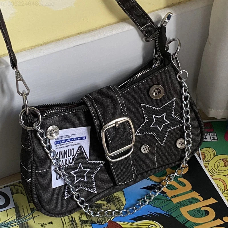 Y2K Fashion Women's Handbags Stars Pattern | Cool Girls Underarm Bag Vintage Canvas Female Small Shoulder Bags Chain Tote Purses Luxegan