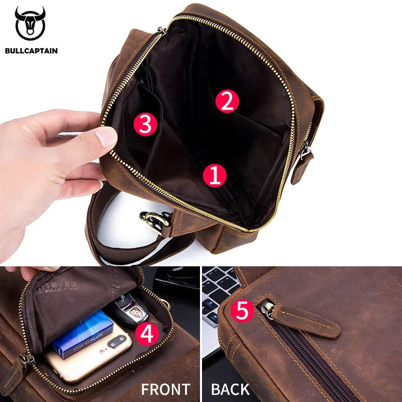 BULLCAPTAIN Bolsos cruzados para hombre de cuero Crazy Horse, bolso de pecho de cuero, bolsos cruzados retro para hombre con bolsillo de cremallera, bolso de viaje corto