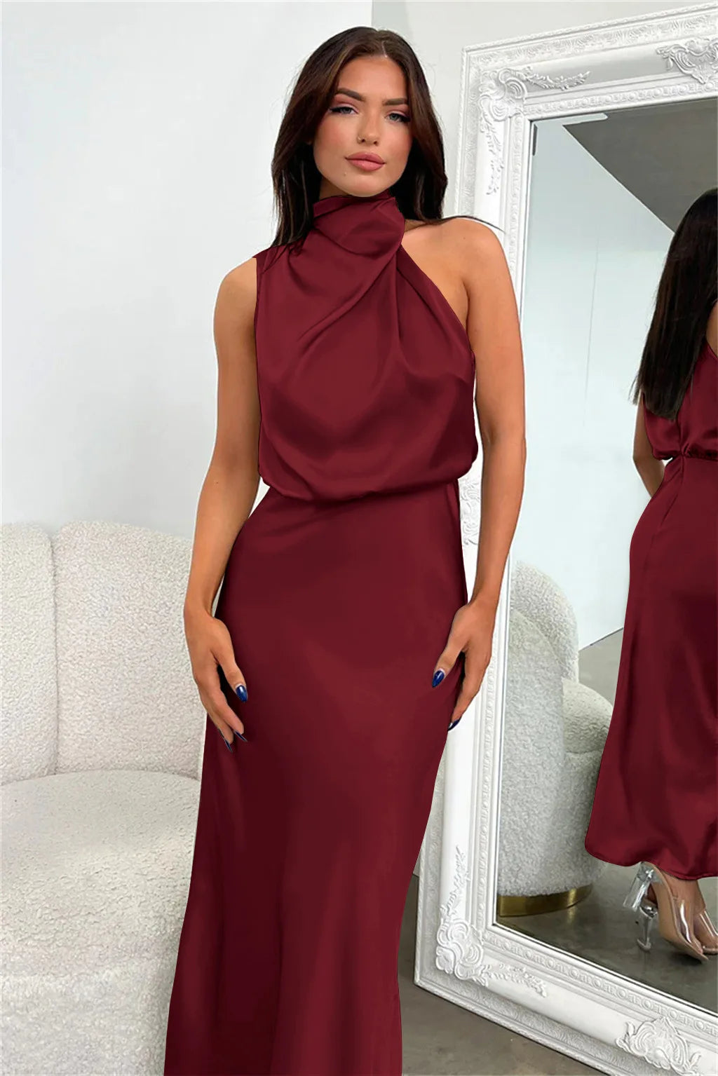 Women's Summer High-End Silk Satin Long Dress | Elegant Celebrity Evening Gown | Luxury Scarf Collar Sleeveless Party Dress | Premium Knit Asymmetrical Slip Maxi Robe Luxegan