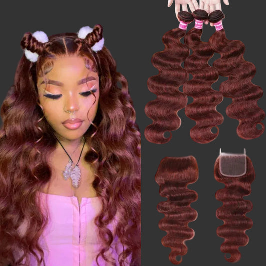 Grade 12A Reddish Brown Human Hair Bundles with Closure | Premium Brazilian Body Wave 3 Bundles with 4x4 Lace Closure | Luxury Colored Remy Human Hair Extensions | Safe to Perm Standard 4-Piece Complete Hair Matrix Luxegan