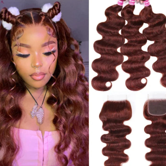 Grade 12A Reddish Brown Brazilian Body Wave Hair System | Autumn-Inspired Copper Tone 3 Bundles Pack | Professional 4x4 Transparent Lace Closure | Premium Remy Human Hair Weft Collection for Full-Volume Custom Installs Luxegan