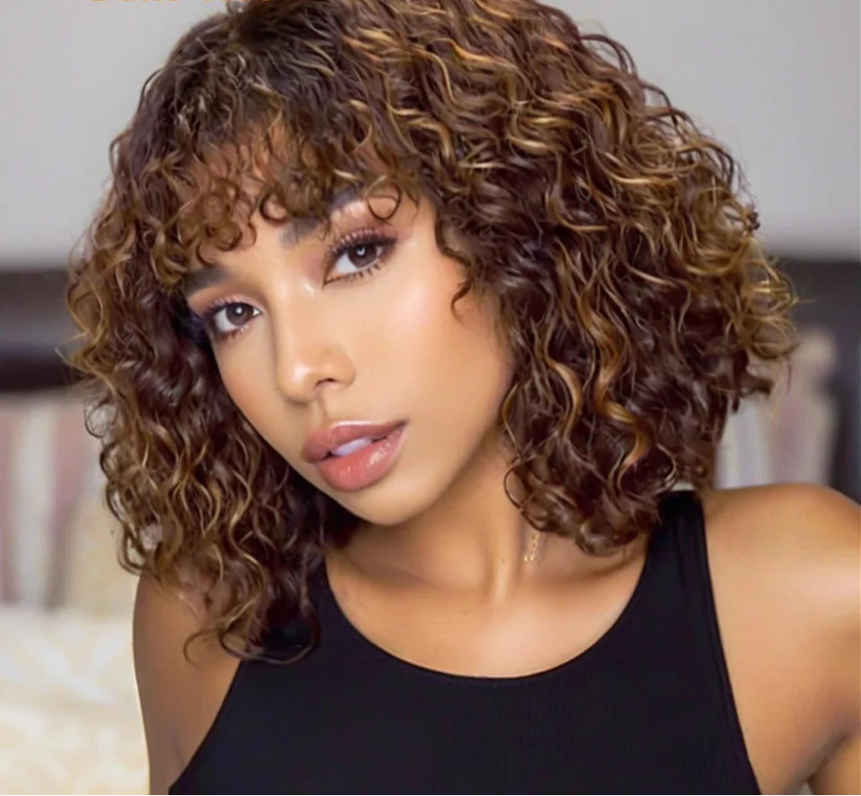 Brazilian Jerry Curly Human Hair Bob Wig with Bangs | Natural Highlight Honey Water Wave Kinky Curly Wigs for Women Luxegan