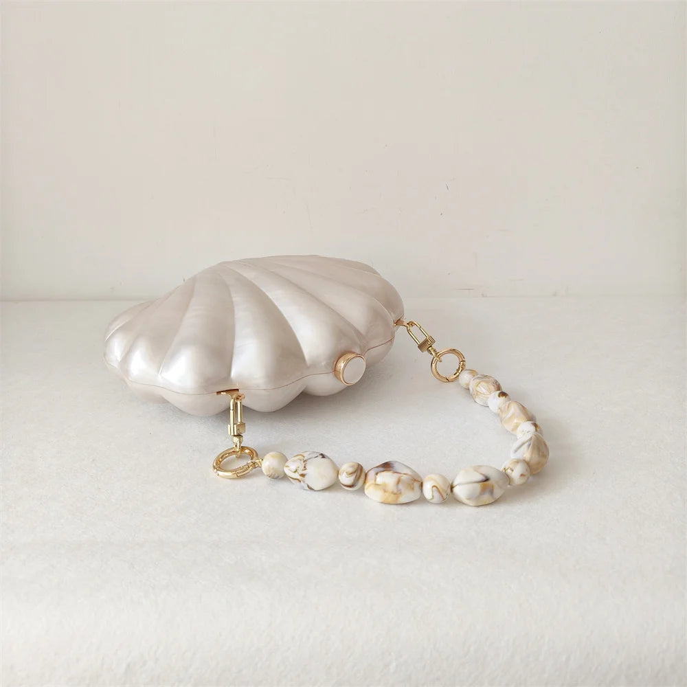 Hard Acrylic Shell Box Clutch | Luxury Stones & Chain Wedding Bridal Handbag Luxegan