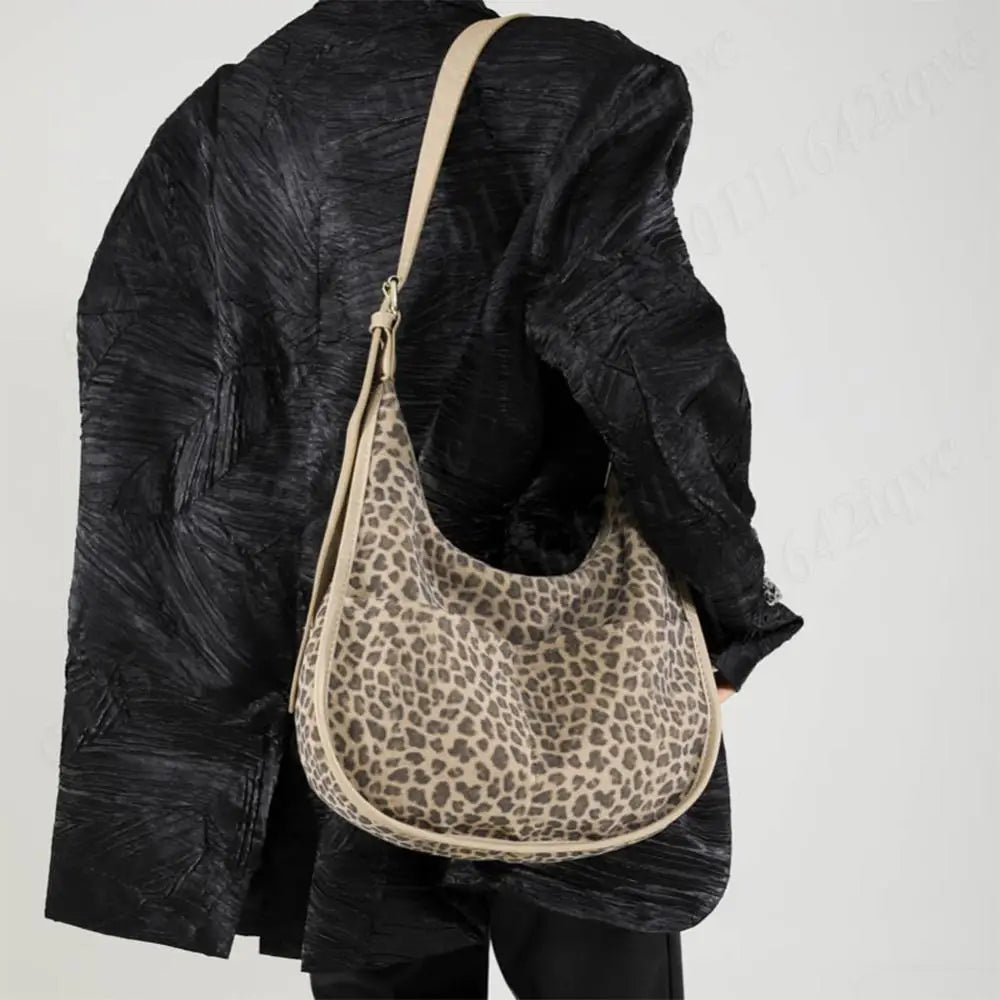 Women’s Leopard Print Faux Suede Crossbody Bag | Large Multi-Pocket Shoulder Tote | Trendy Leopard Pattern Hobo Messenger Bag | Versatile Soft Suede Handbag with Adjustable Strap Luxegan