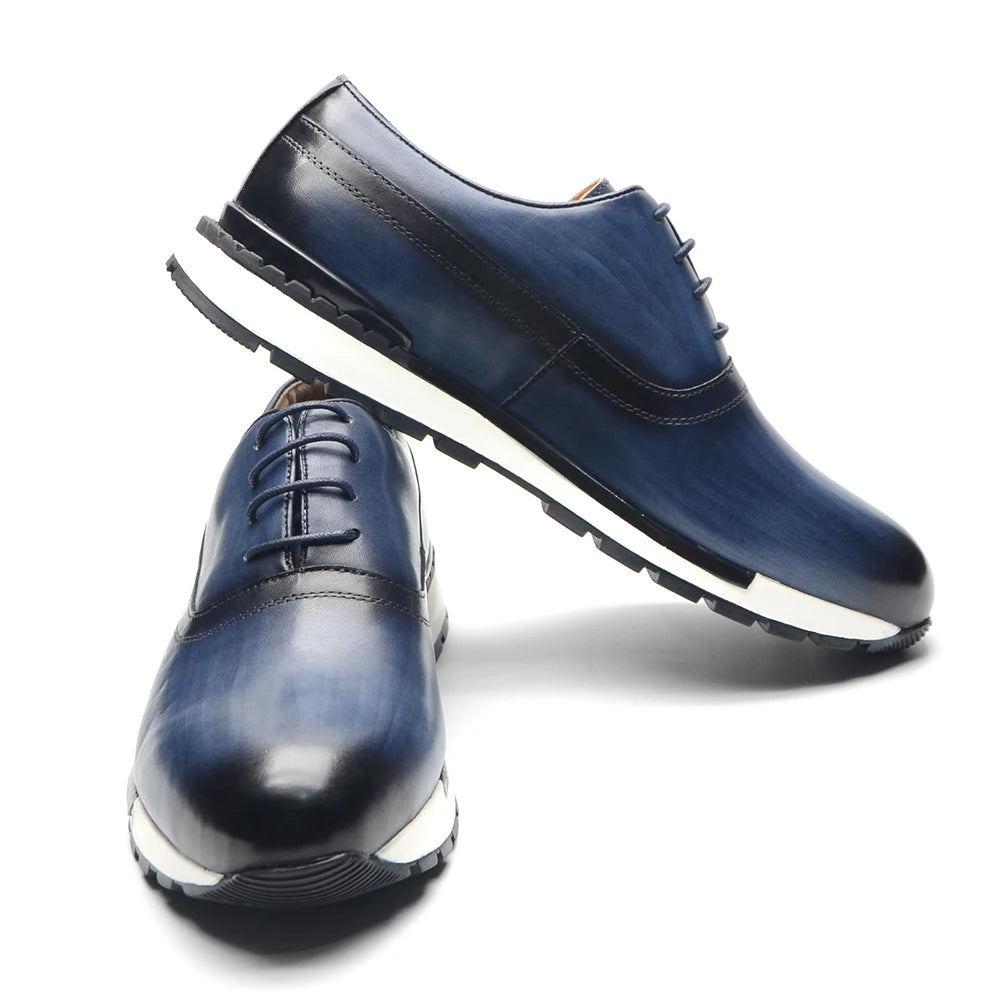 Luxury Classic Oxford Sneakers | Sophisticated Hand-Painted Genuine Cow Leather | Elegant "Dark-Blue & Purple" Lace-Up Male Footwear | "Dignified" Handmade Sheepskin Insole Shoes for Radiant Versatile Styling Luxegan