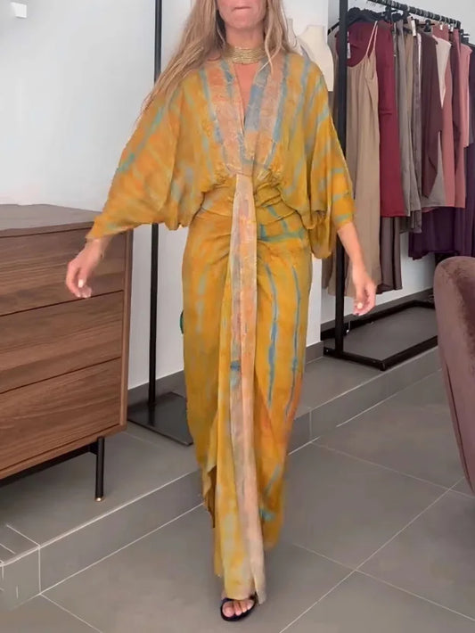 Women's Bohemian Printed V-Neck Maxi Dress | Spring Autumn Fashionable Long Skirt | Elegant Pleated Waist Casual Dress | Premium Tatting Full Sleeve Regular Fit Ankle-Length Gown Model DS191 Luxegan