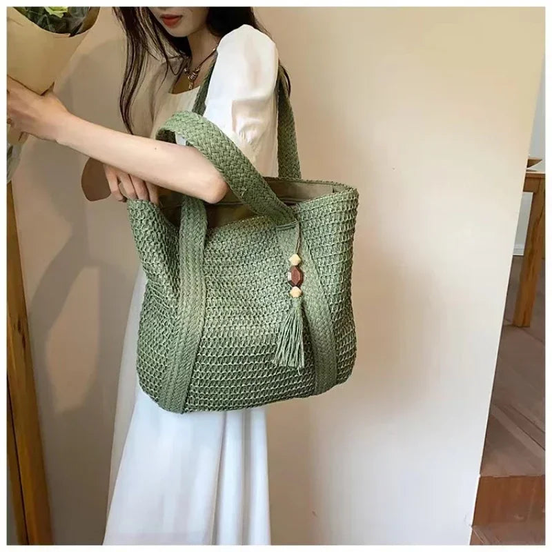Fashion Straw Summer Large Capacity Tote Bag | Women's Shoulder Bag & Handmade Woven Bag (Fresh Rural Handheld Grass Woven Women Bag) Luxegan