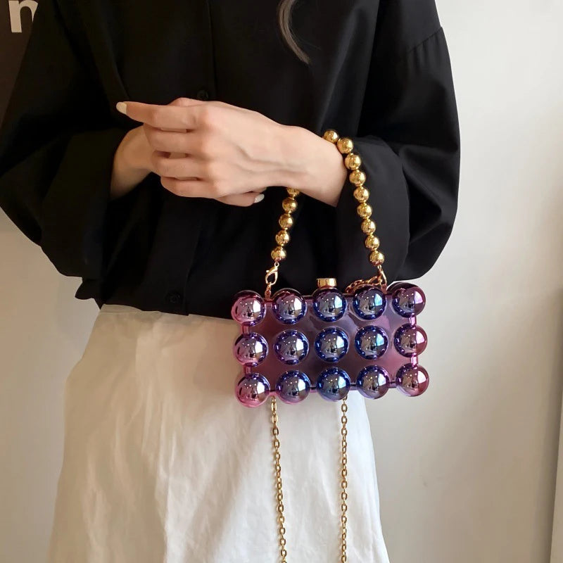 Luxury Acrylic 'Cake Box' Bag | Elegant Gold Beaded Chain Handbag Luxegan