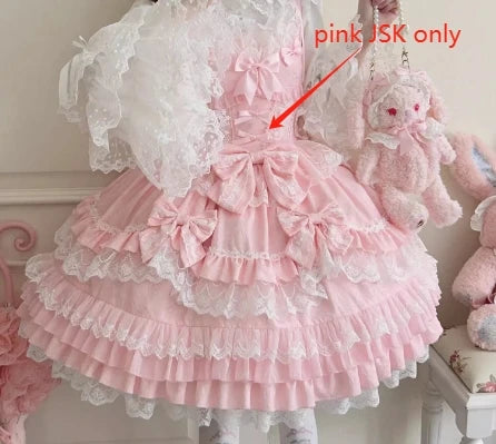Women's Sweet Lolita JSK Suspender Dress Set | Original Doll Feeling Princess Fairy Mini Gown | Elegant Lace Bow Spaghetti Strap Cake Dress | Premium Tatting Slight Stretch Empire Waist Vestido Luxegan
