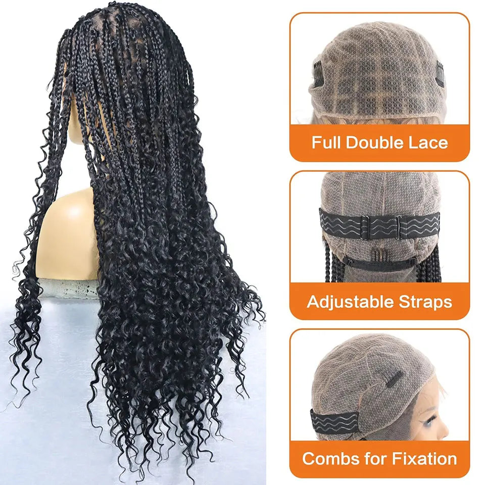 24" Boho Double Full Lace Knotless Braided Wig - Bohemian Curly - Synthetic - with Baby Hair