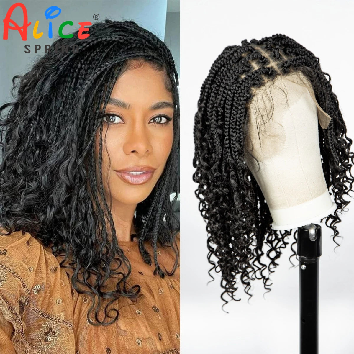 Full Lace Braided Lace Wigs Synthetic Knotless Box Braided Lace Wig with Curly Ends for Black Women Kinky Curly Braided Bob Wig Luxegan