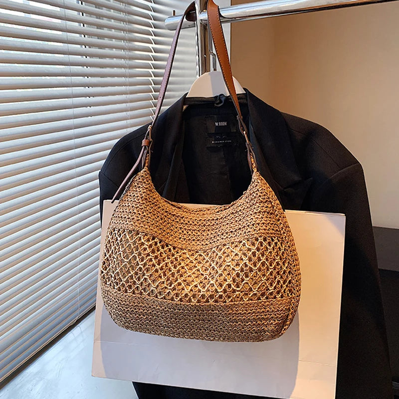 Large Capacity Summer Straw Weaving Shoulder Bag | Women's Handmade Crochet Beach Handbag & Woven Hollow Out Underarm Knitting Bag Luxegan