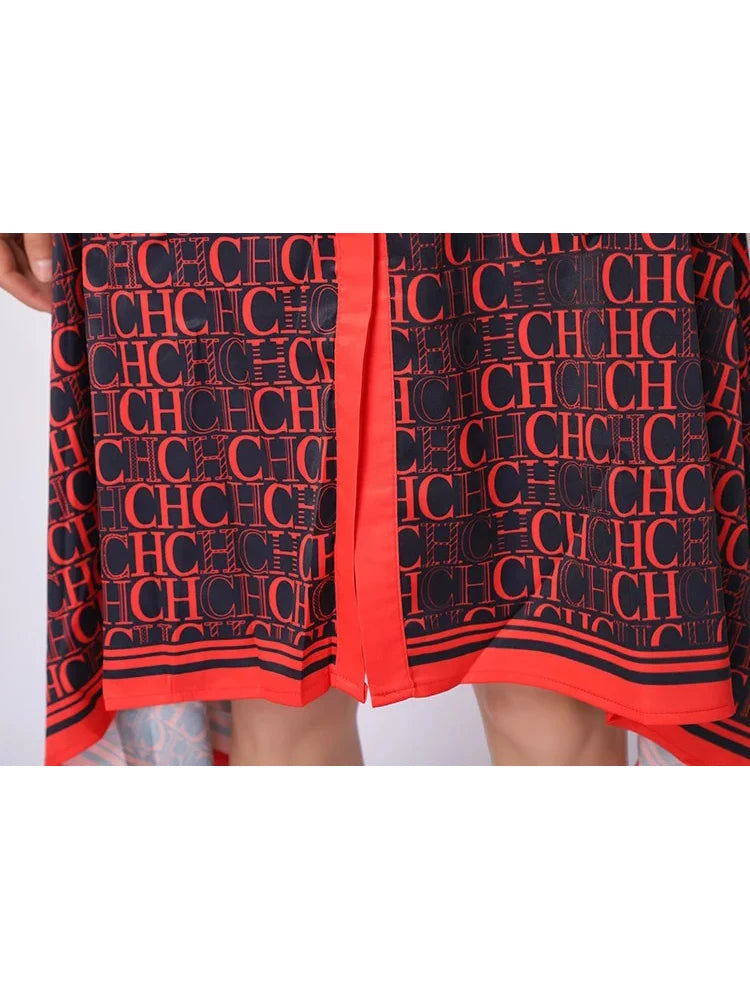 Asymmetric Hem Print A-Line Midi Dress | Turn-Down Collar Long Sleeve Empire Waist Party Dress Luxegan