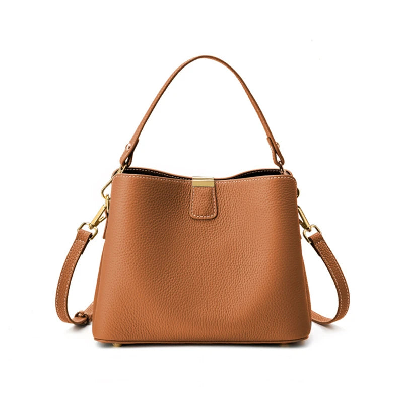 100% Cow Genuine Leather Bucket Bag | Luxury Designer Wide Strap Tote Luxegan