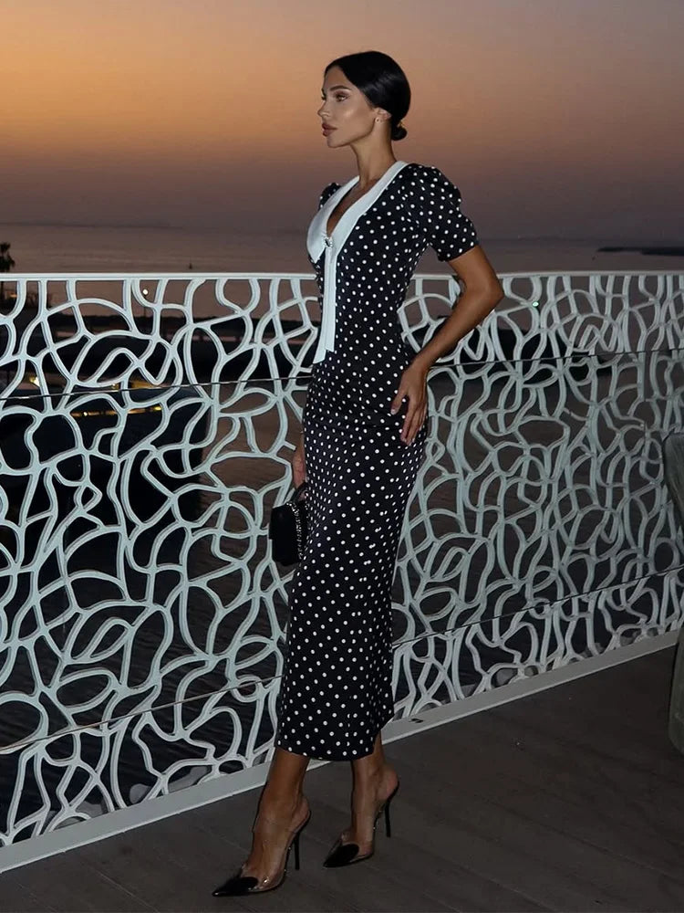 Dot Patchwork Hip-Wrap V-Neck Elegant Dress | Short-Sleeve Ankle-Length Sexy Club Bodycon | Medium-Stretch Slim-Fit Spring Summer Sheath Luxegan