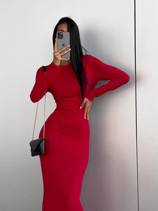 O-Neck Full Sleeve Split Bodycon Sheath Maxi Dress | Solid Knit Sexy Club Elegant Party Dress Luxegan