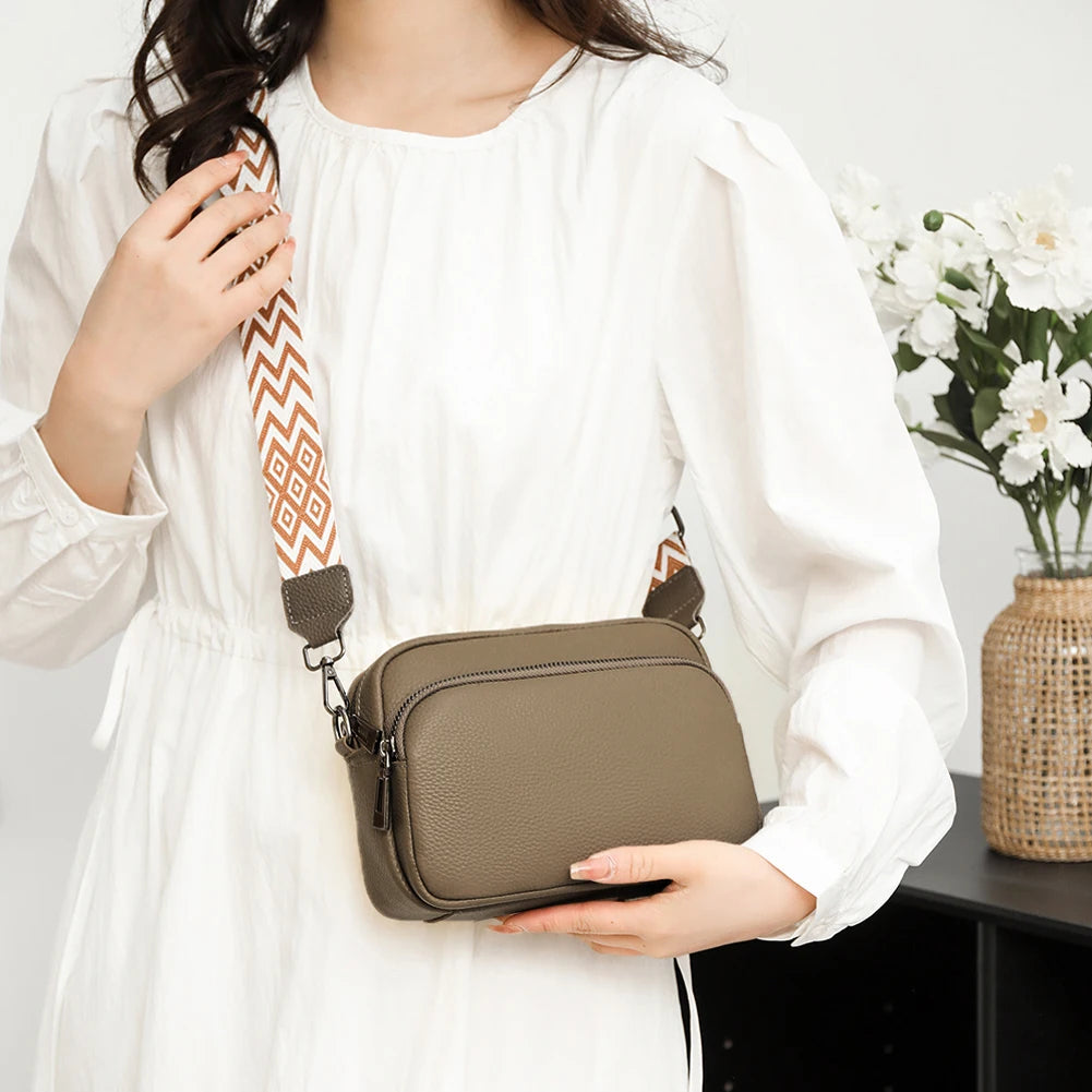 Genuine Leather Wide Strap Shoulder Bag | Solid Color Crossbody & Phone Bag Luxegan