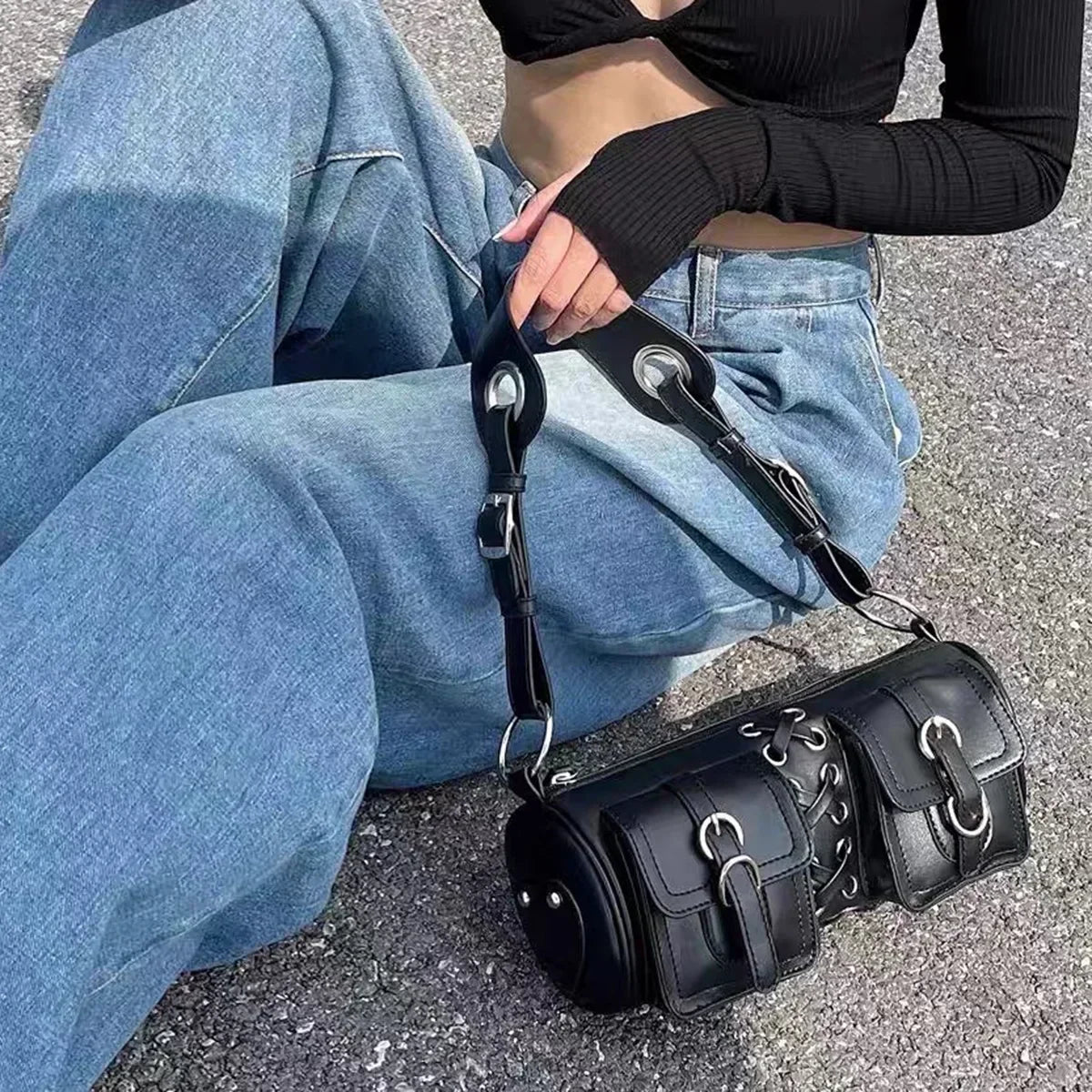 Y2K Korean Style Harajuku Vintage Handbag | Sophisticated Gothic Black Moto & Biker Shoulder Bag | Elegant Punk Aesthetic Wallet Purse | Fashion-Forward PU Leather Square Trend Tote Luxegan