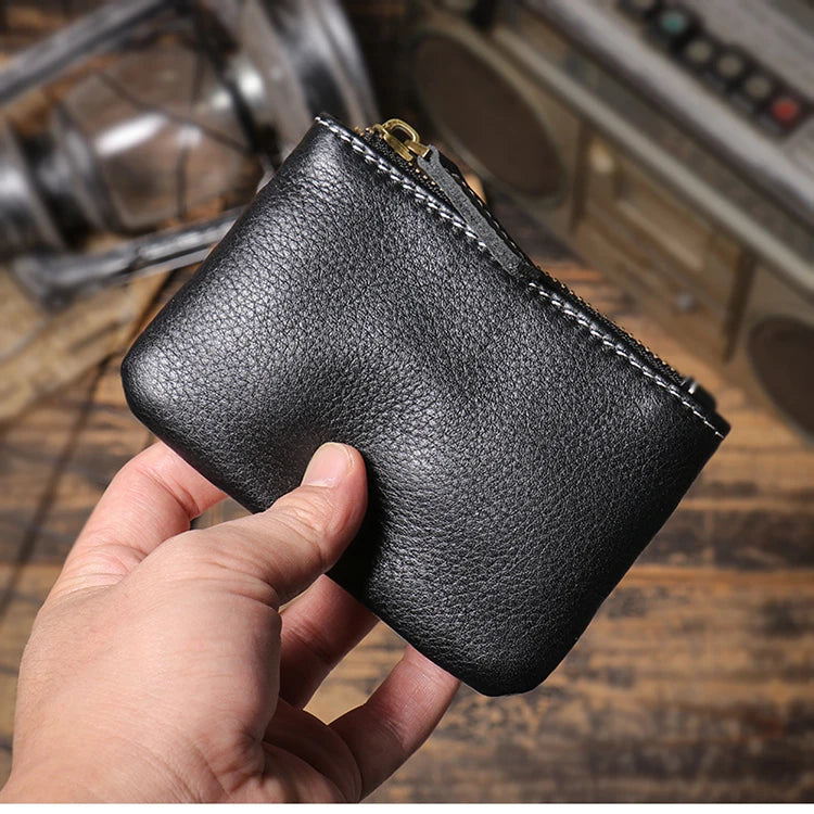 GURO Mini Monedero de Cuero Genuino de Lujo para Hombre, Cartera Corta con Cremallera, Pequeño Estuche de Cuero Vacuno para Mujer, Tarjetero, Bolsas Cuadradas Diarias para Llaves