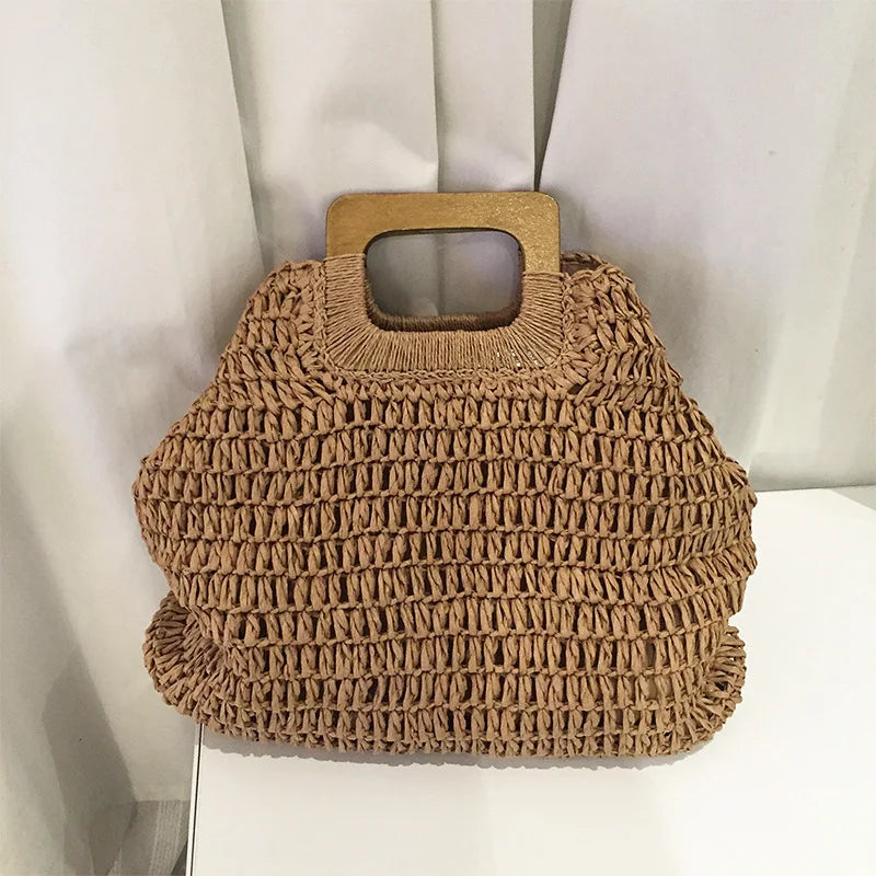 Summer Woven Straw Handbag | Wooden Handle Bag & Large Capacity Beach Tote Luxegan