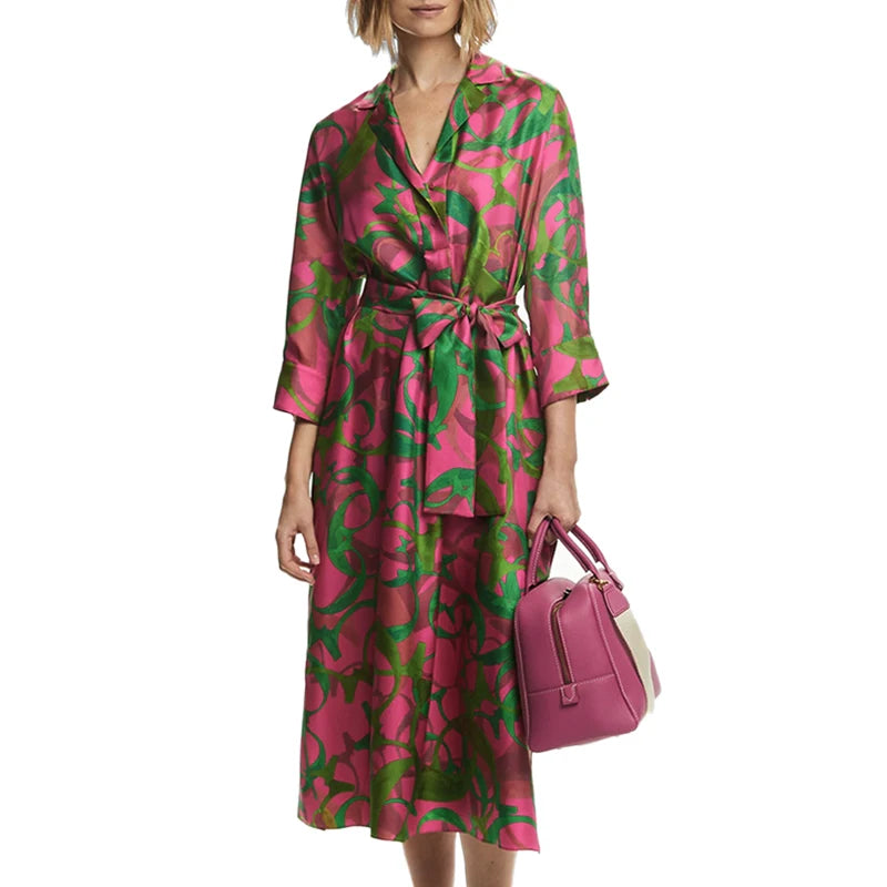 Letter Print Lace-Up Midi Dress | Turn-Down Collar Three-Quarter Sleeve Elegant Office Dress Luxegan