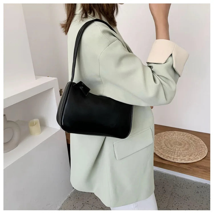 Retro Forearm Bag for Women | PU Leather Bow Handbag & Baguette Shoulder Bag (Western Style Underarm Bag, Casual Tote) Luxegan
