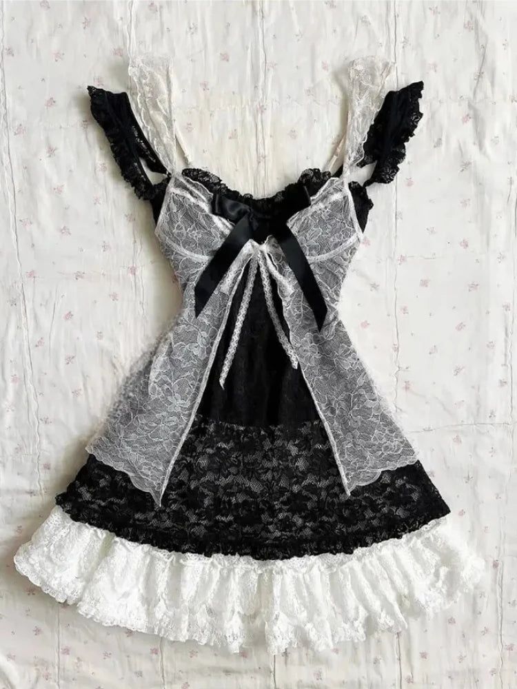 Women's Y2k Lolita Cute Mini Dress | Spicy Girls Floral Style Lace-Up Summer Dress | Elegant Square Collar Ruffle Slim Fit Vestido | Premium Tatting Regular Fit A-Line Dress Model QZ6007 Luxegan