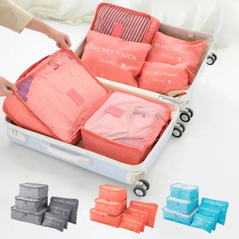 6Pcs Luggage Travel Bags | Underwear Shoes Storage Bag & Oxford Waterproof Cloth Suitcase Pouch Cube (Red Organiser for Clothing) Luxegan