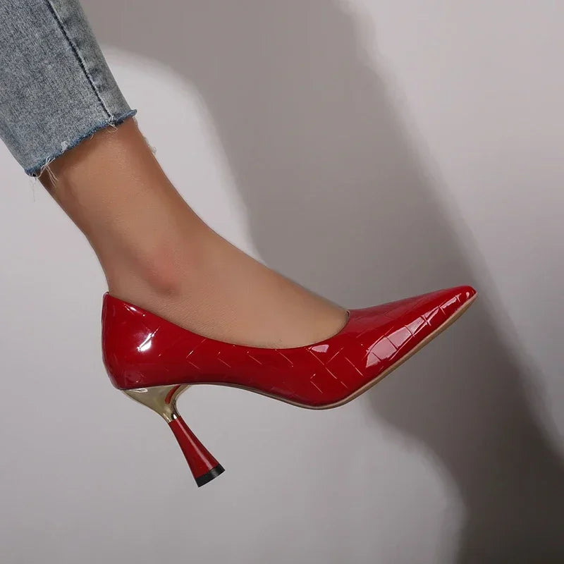 Summer Trend Pointed Toe High Heels | Sophisticated Geometric Pattern Dress Pumps | Elegant "Metal Decorated" Silhouette | "Dignified" Thin High Heels for Radiant Versatile Styling Luxegan