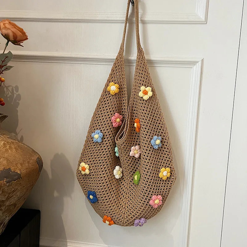 Hollow Mesh Knitted Shoulder Bag | Slouchy Chic Cartoon Beach Tote | Lightweight Laid-Back Woven Handbag | Spring & Summer Versatile Nylon Satchel for Women Luxegan