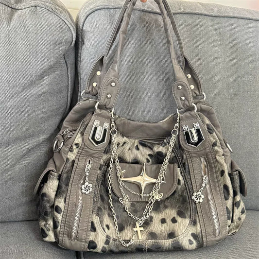 Grey Leopard Print Y2K Shoulder Bag | Subculture Cross Star Hot Girl Tote | Large Capacity Sequined Messenger Bag with Chain Detail | Fashionable Soft PU Travel Bag (Model S558) Luxegan
