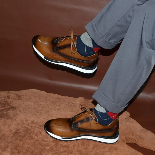 Luxury Brand Style Hand-Painted Sneakers | Sophisticated Genuine Cow Leather Lace-Ups | Elegant "Classic European" Silhouette | "Dignified" Anti-Slip Rubber Sole for Radiant Versatile Winter Styling Luxegan